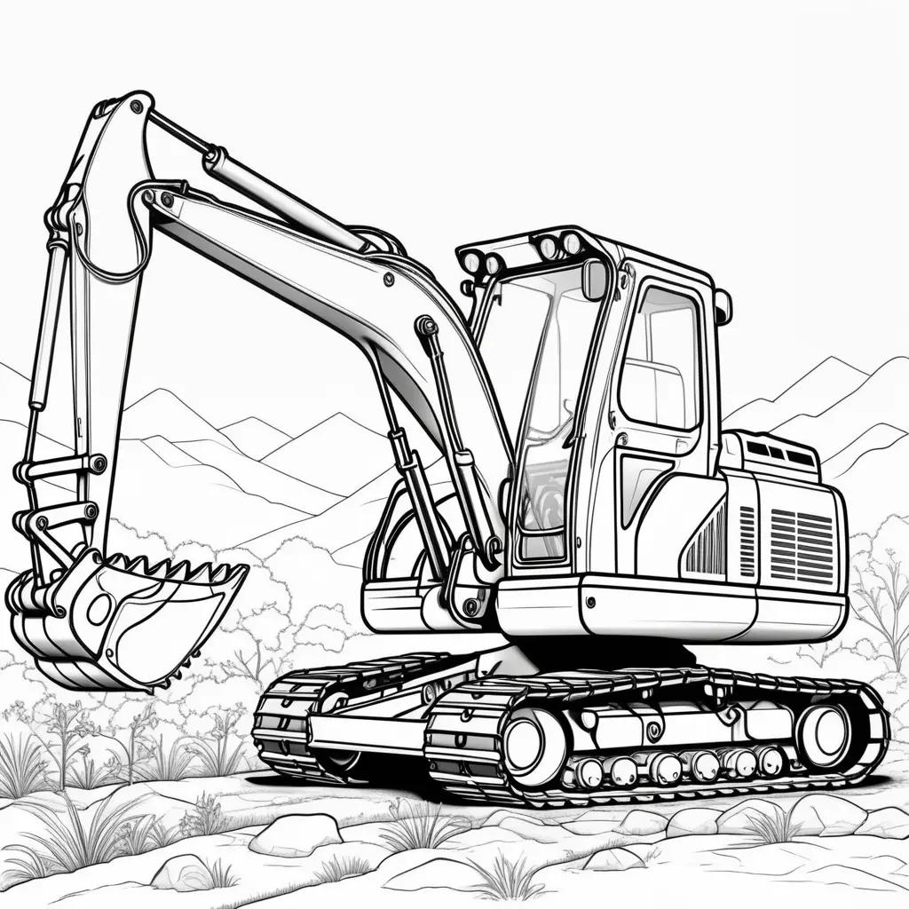 Black and white coloring page of a excavator in the desert