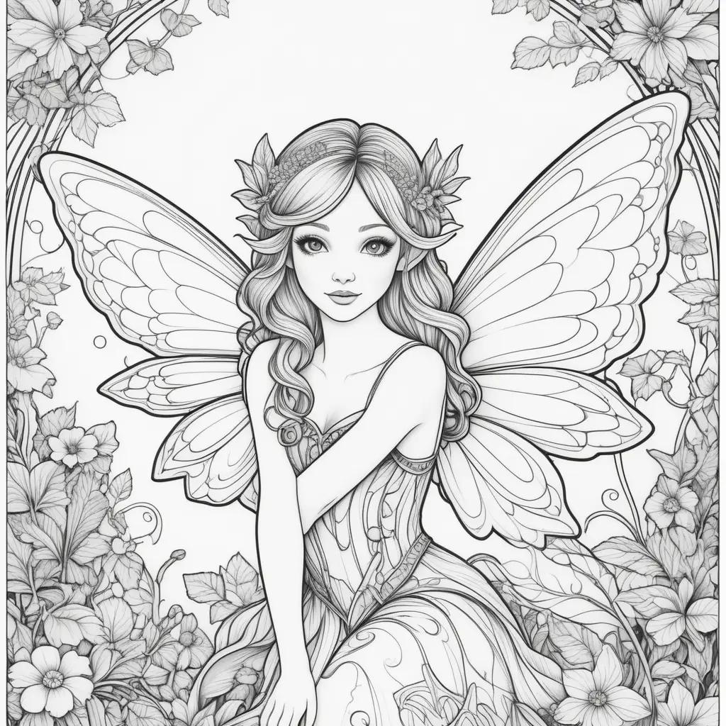 Black and white coloring page of a fairy with flowers