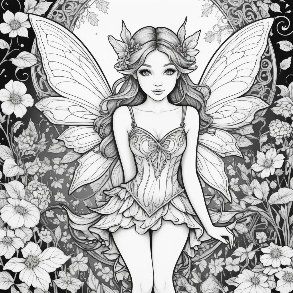 Black and white coloring page of a fairy with flowers