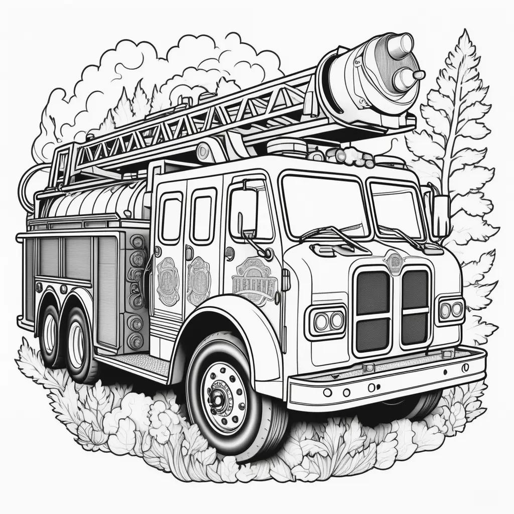 Black and white coloring page of a fire truck