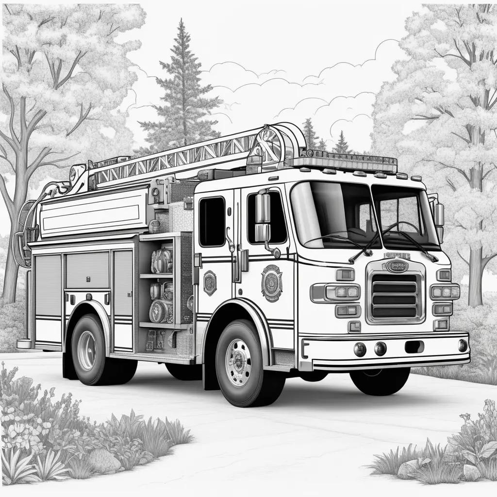 Black and white coloring page of a fire truck in a park