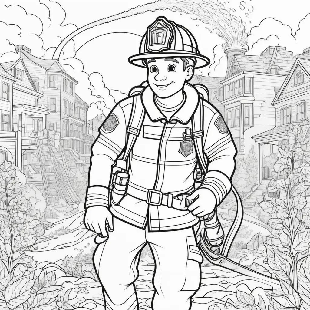 Black and white coloring page of a firefighter