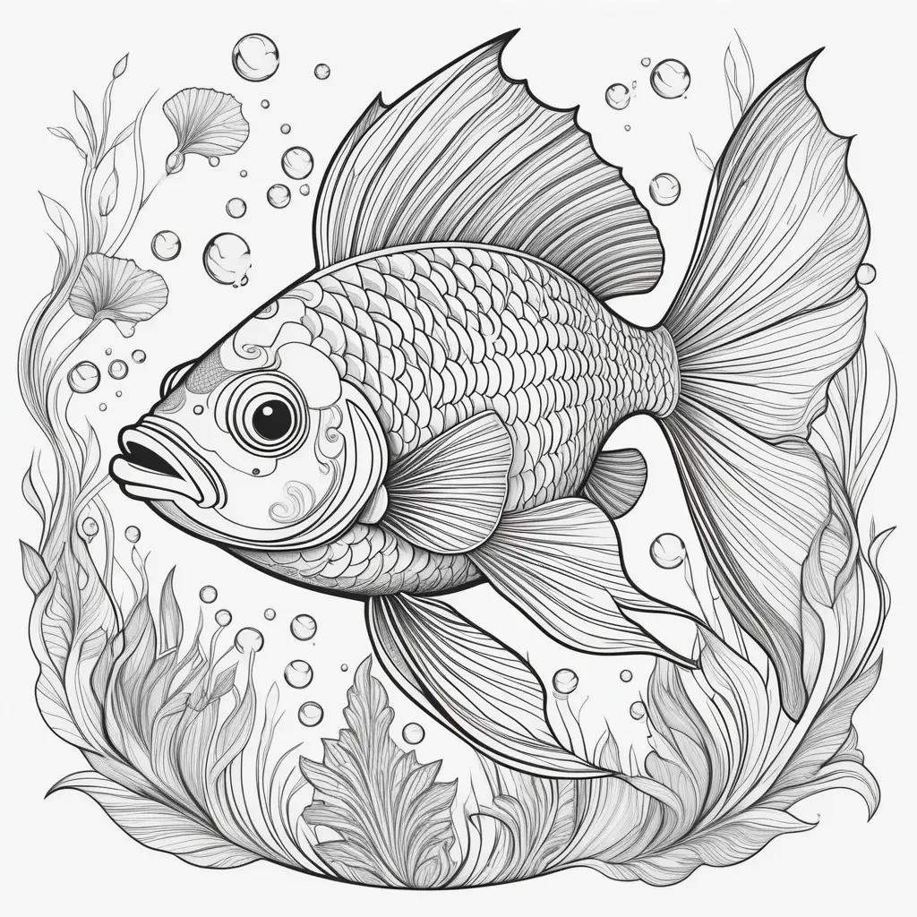 Black and white coloring page of a fish with bubbles