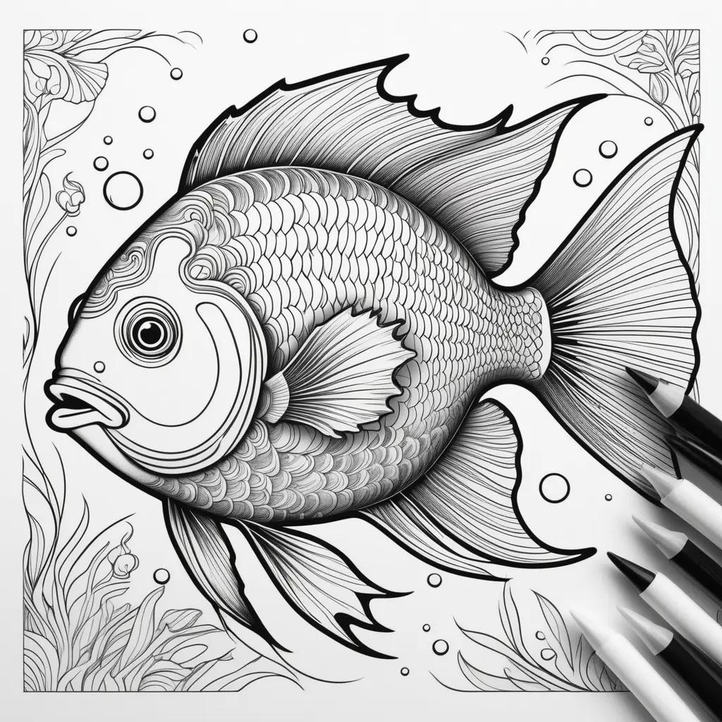 Black and white coloring page of a fish with colored pencils