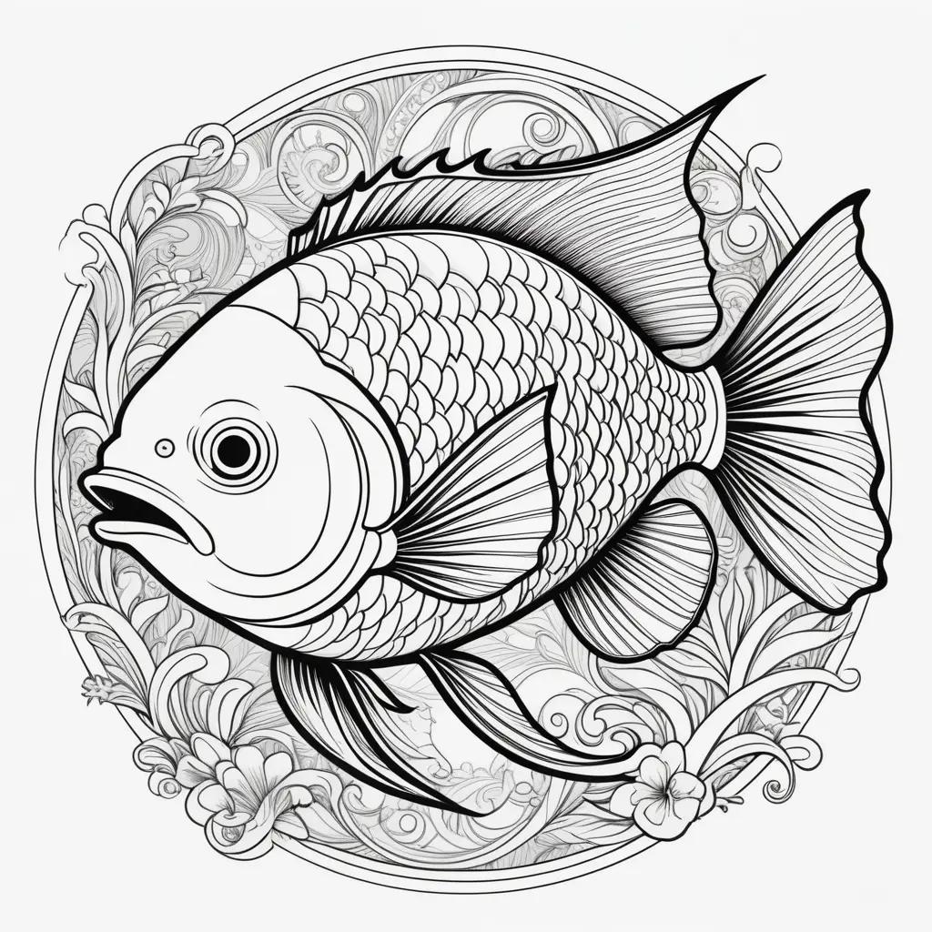 Black and white coloring page of a fish with floral background