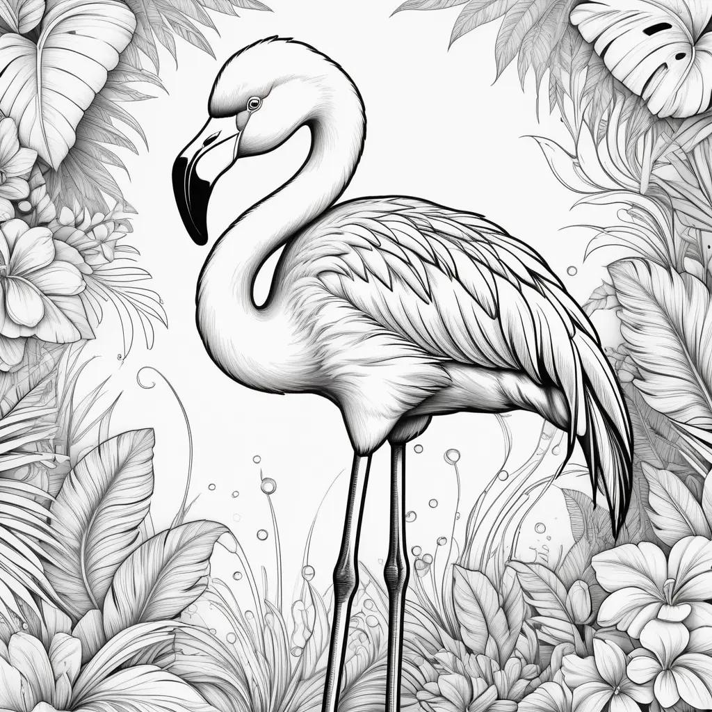 Black and white coloring page of a flamingo with tropical plants