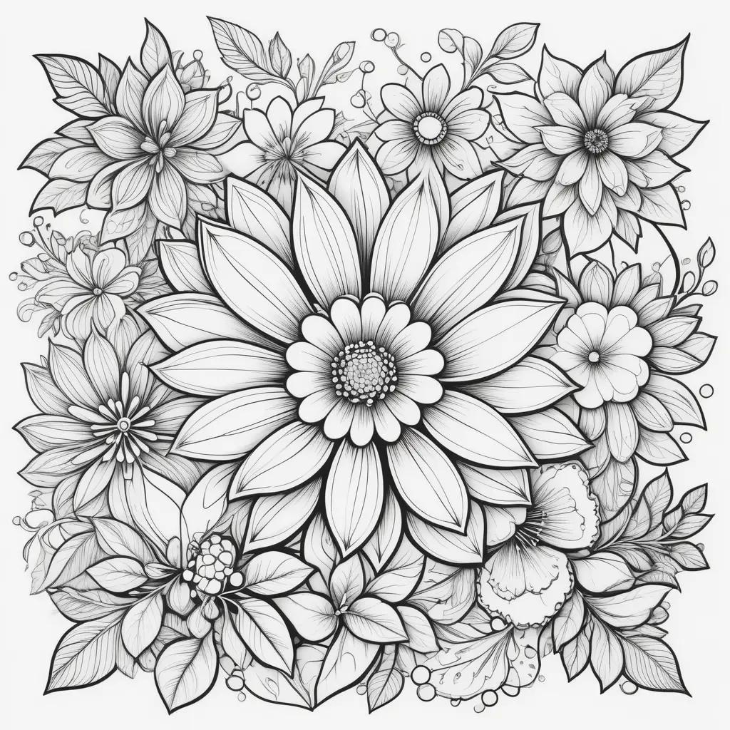 Black and white coloring page of a flower bouquet