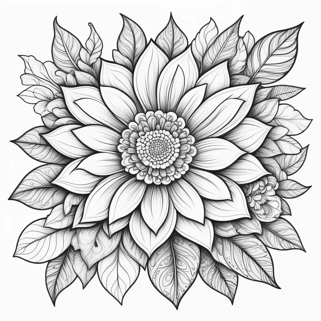 Black and white coloring page of a flower with leaves