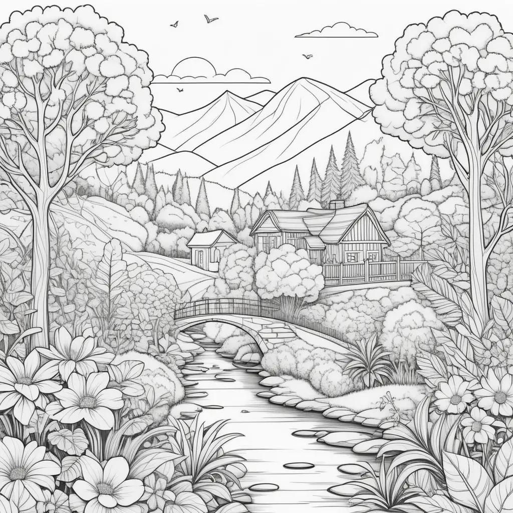 Black and white coloring page of a forest with flowers and birds