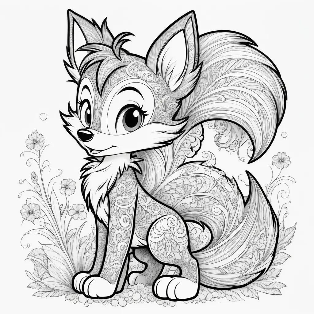 Black and white coloring page of a fox with flower background