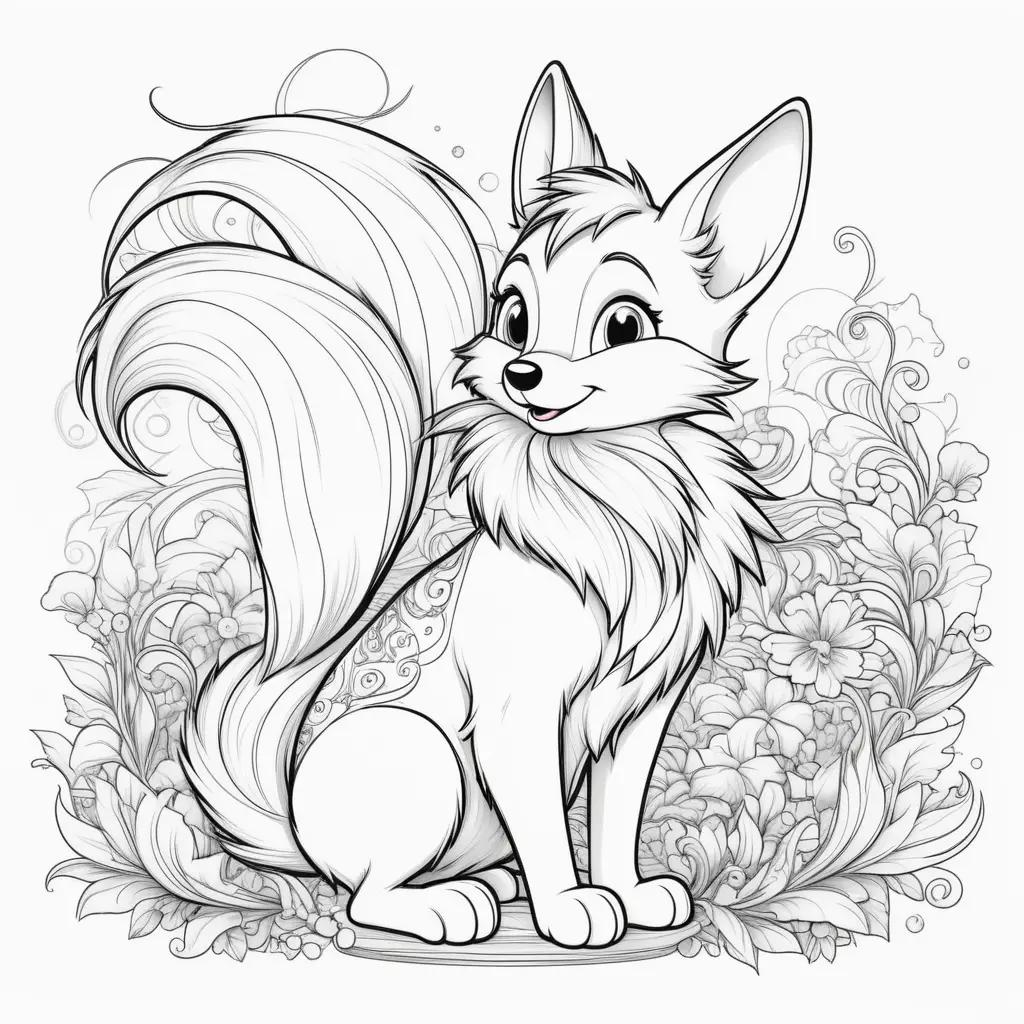 Black and white coloring page of a fox with tail