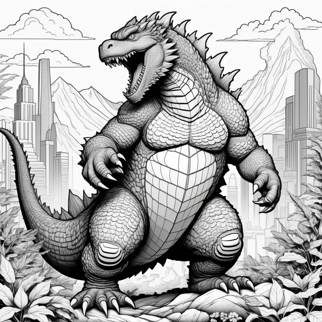 Black and white coloring page of a giant godzilla creature