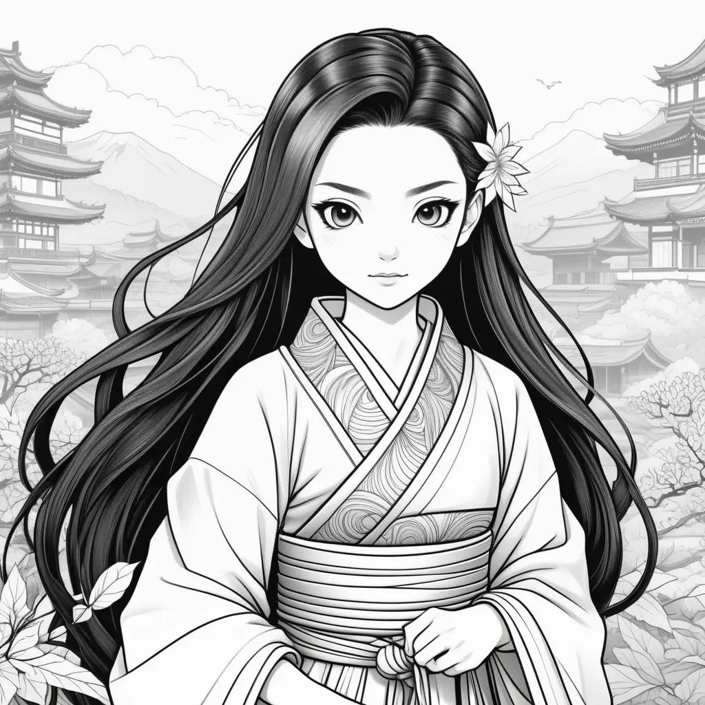 Black and white coloring page of a girl wearing a kimono