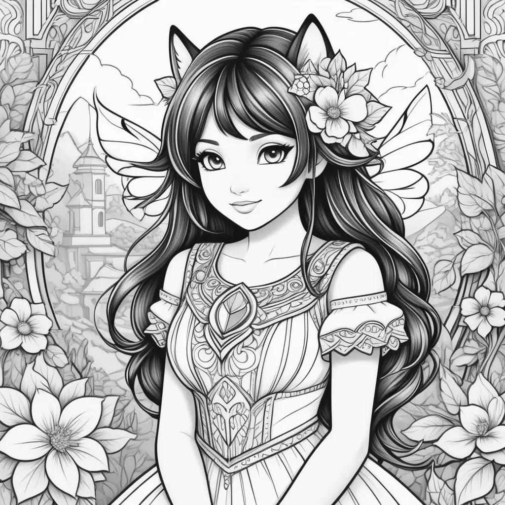 Black and white coloring page of a girl with a cat