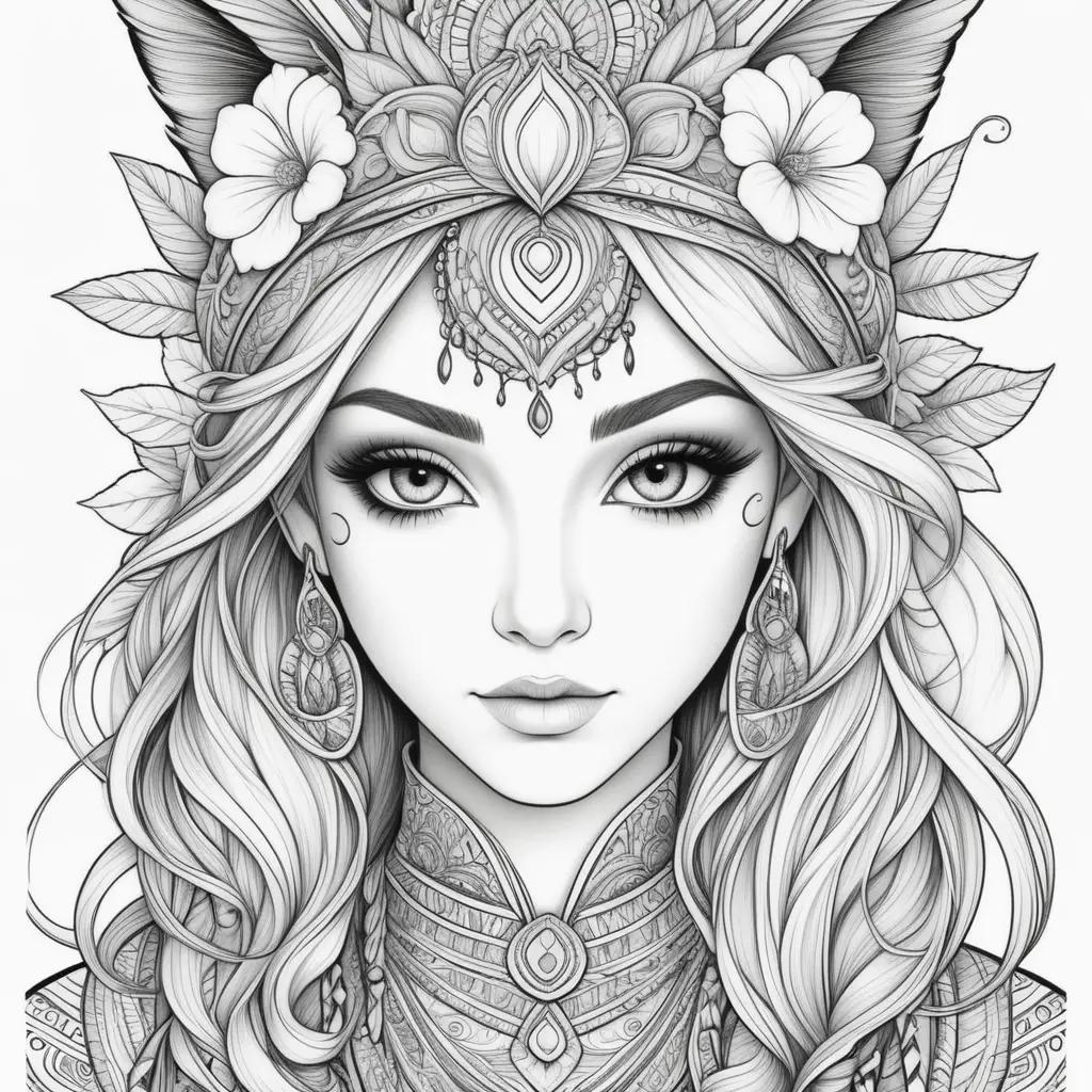 Black and white coloring page of a girl with an avatar