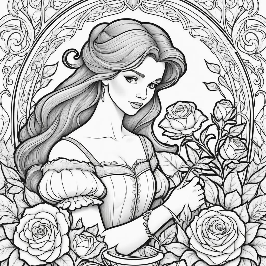 Black and white coloring page of a girl with roses