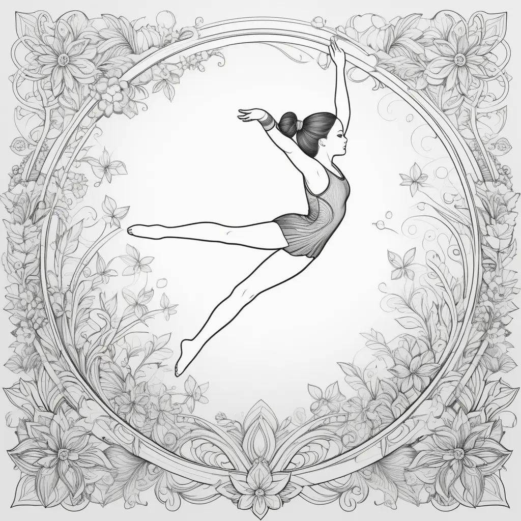 Black and white coloring page of a gymnast in a circle