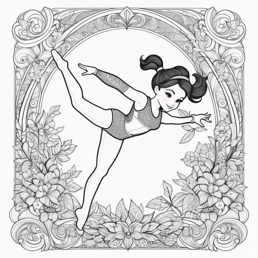 Black and white coloring page of a gymnast in the air