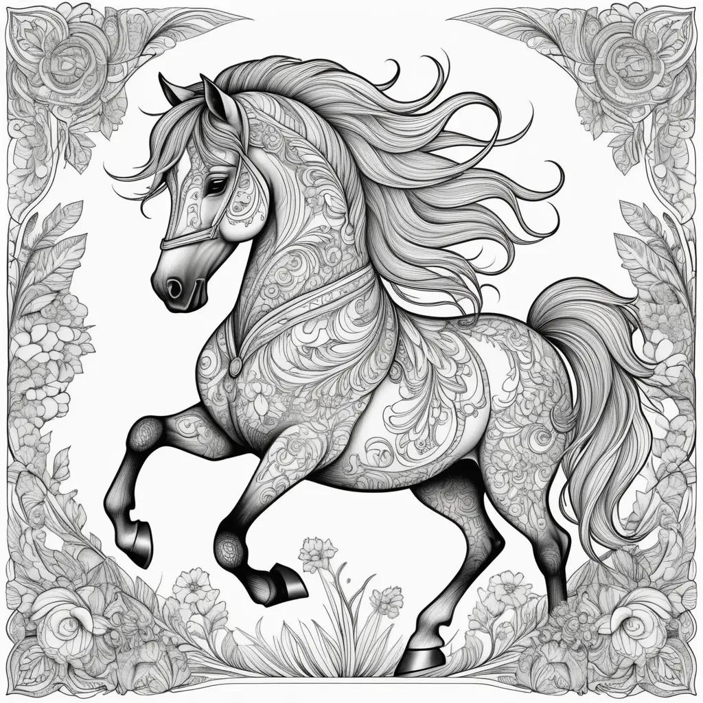 Black and white coloring page of a horse in a floral frame