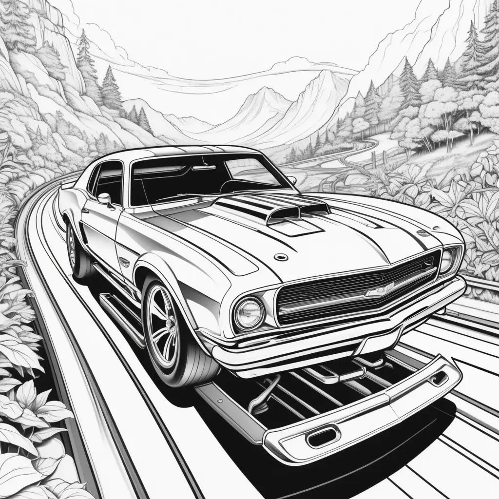 Black and white coloring page of a hot wheels car