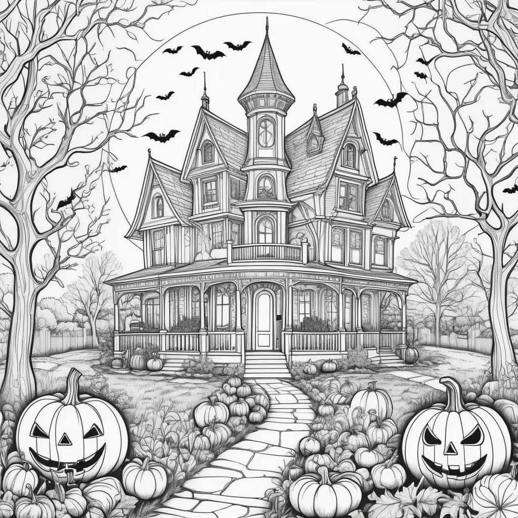 Black and white coloring page of a house with pumpkins and bats