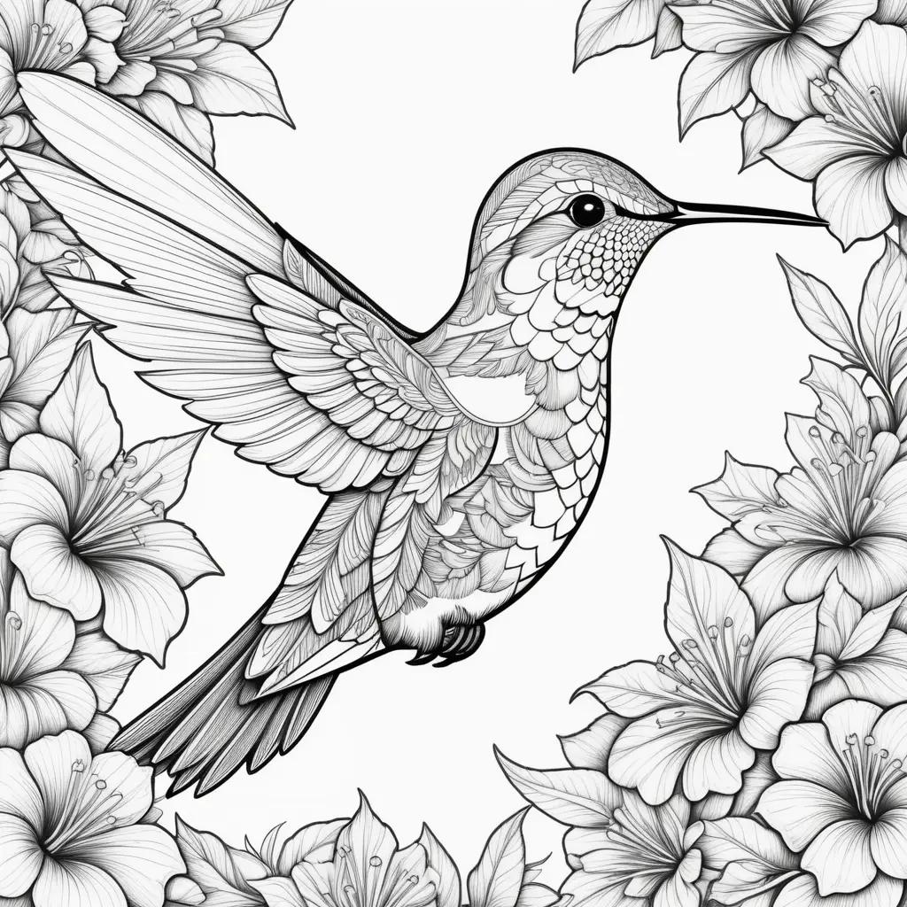 Black and white coloring page of a hummingbird with flowers