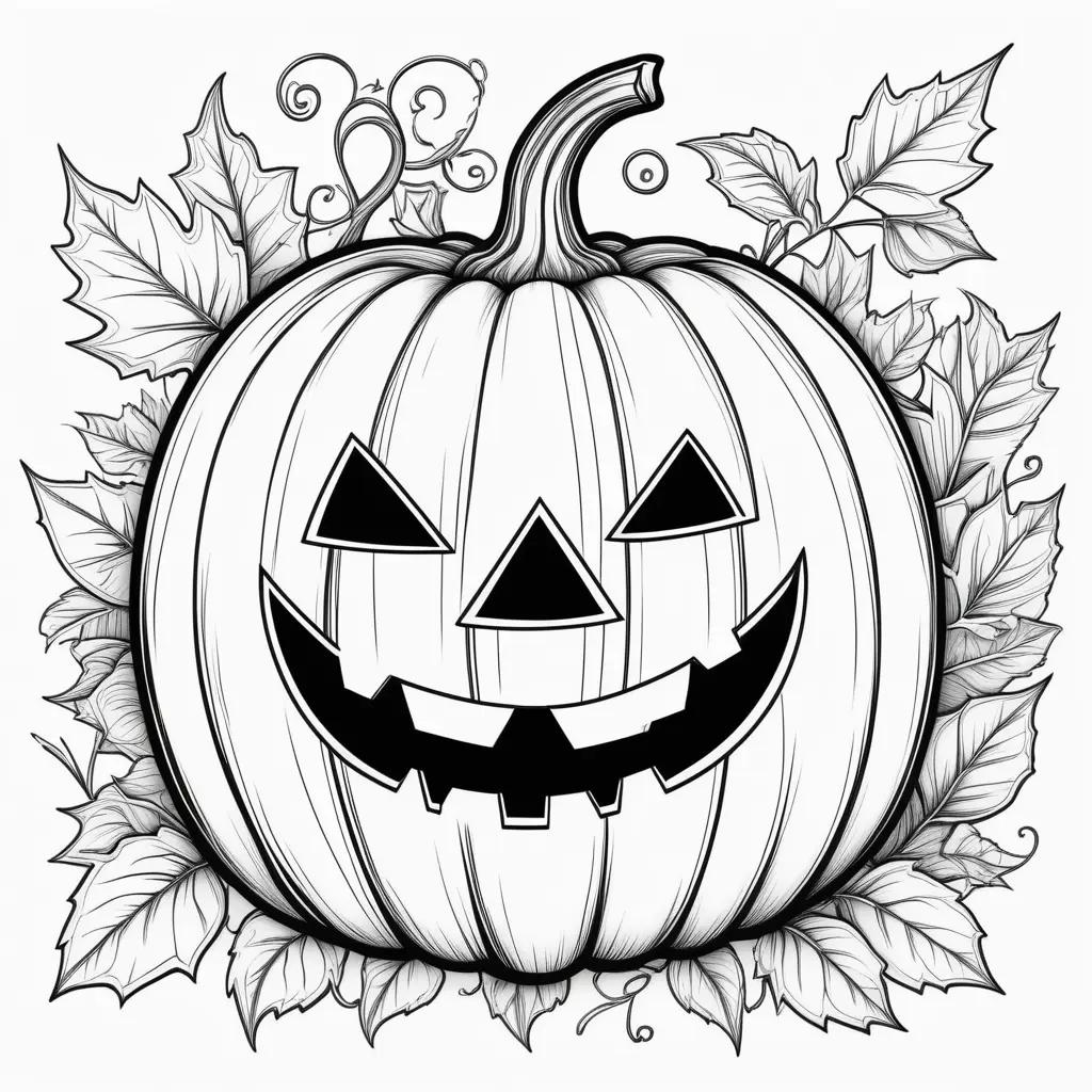 Black and white coloring page of a jack o lantern with leaves