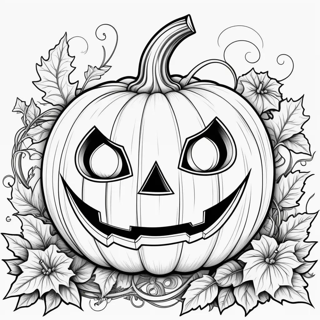 Black and white coloring page of a jack o lantern with leaves around it