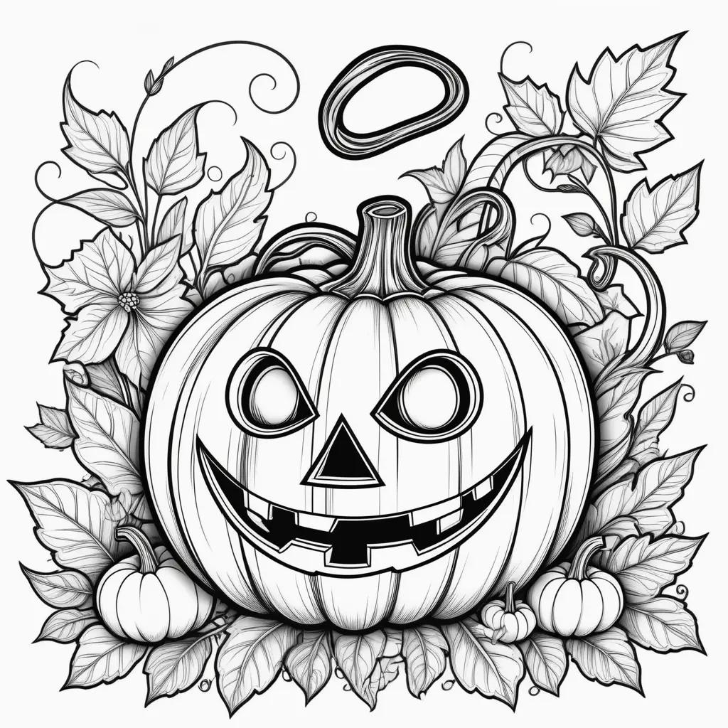 Black and white coloring page of a jack o lantern with leaves around it