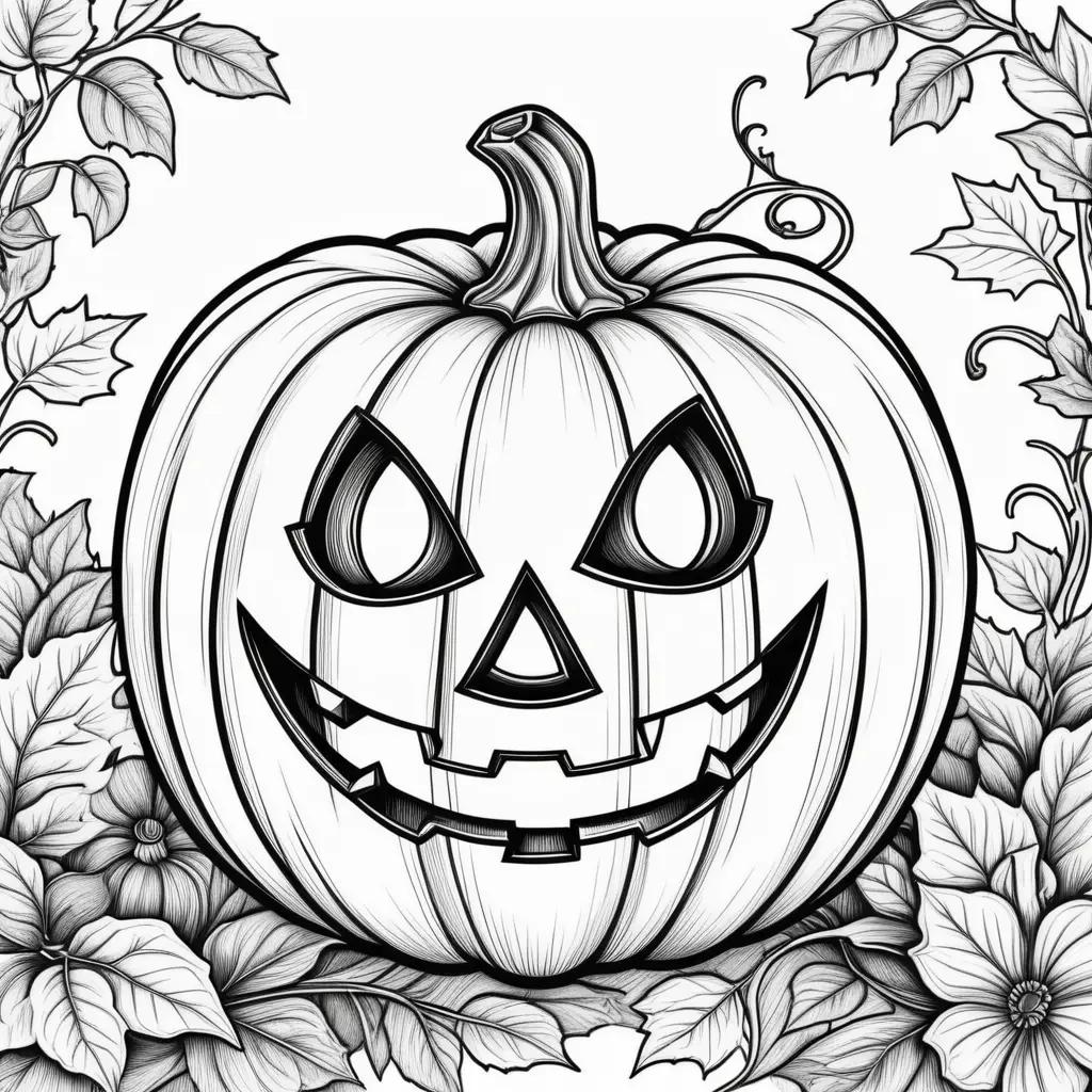 Black and white coloring page of a jack o lantern with leaves around