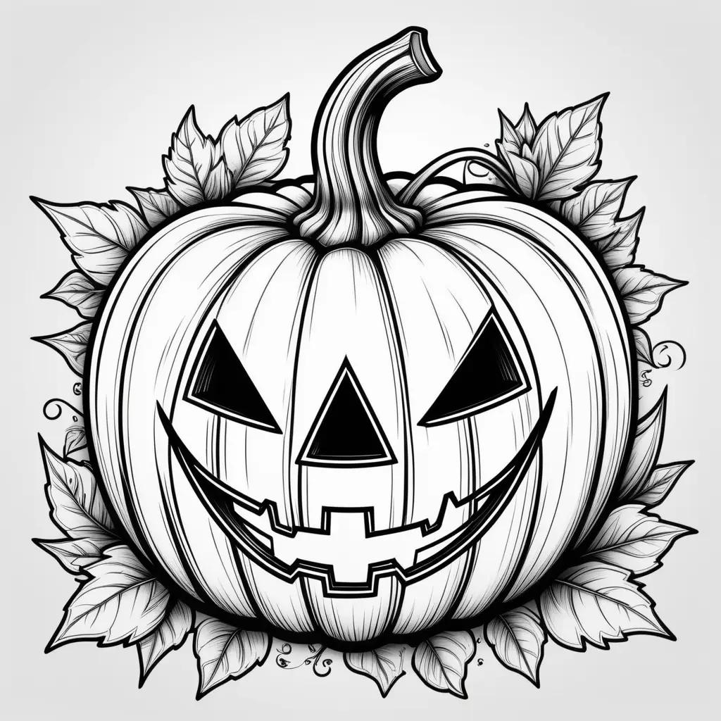 Black and white coloring page of a jack o lantern with leaves