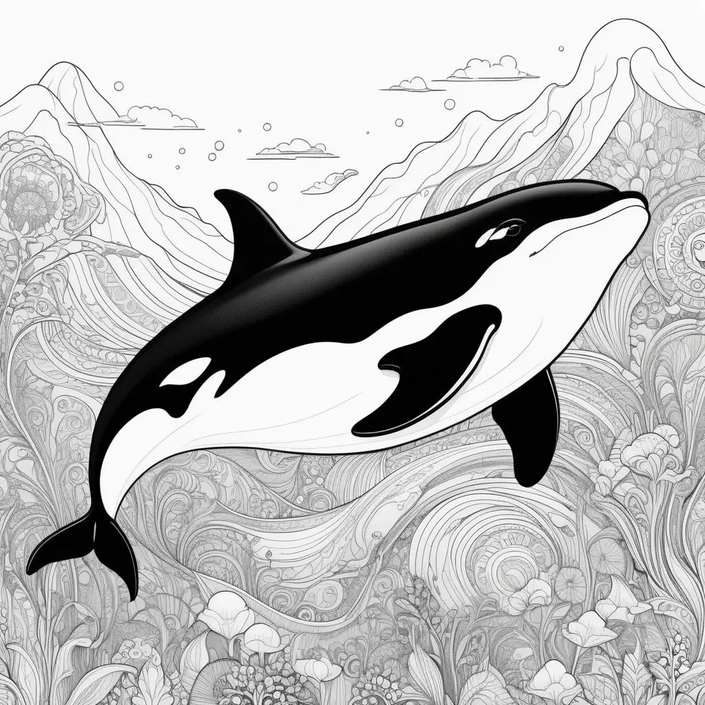 Black and white coloring page of a killer whale in ocean