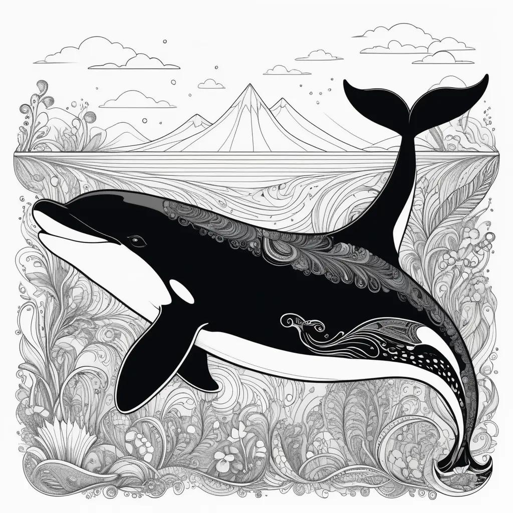 Black and white coloring page of a killer whale in the ocean