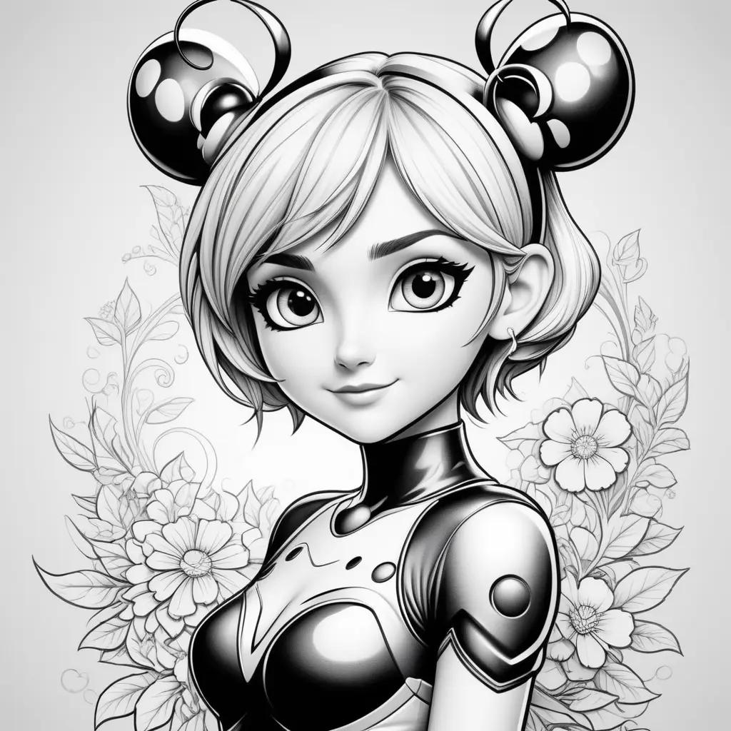 Black and white coloring page of a ladybug with a flower