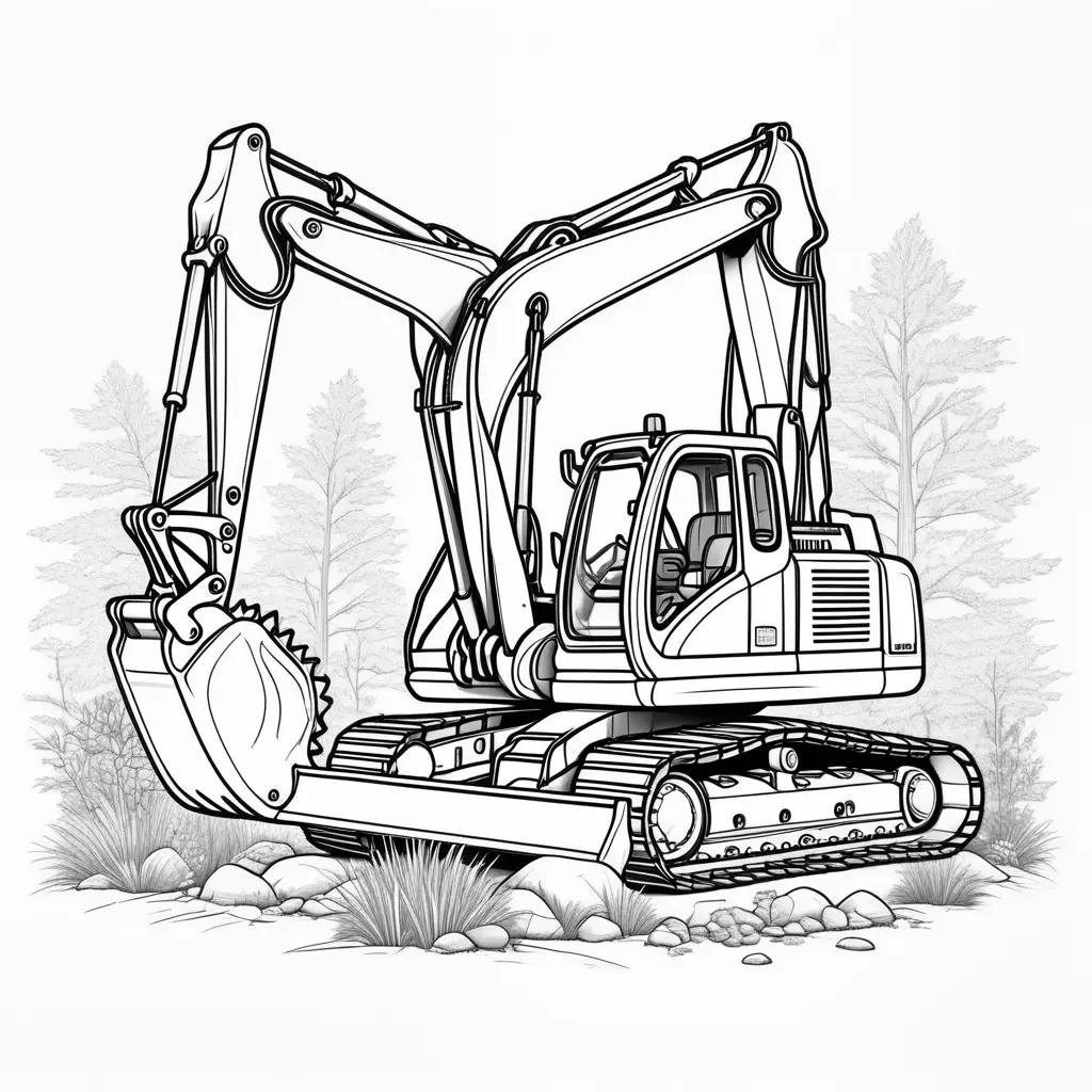 Black and white coloring page of a large excavator