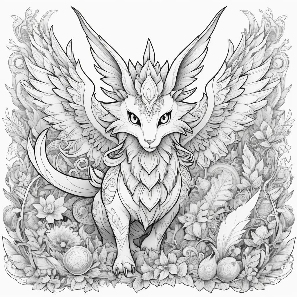 Black and white coloring page of a legendary pokemon with wings and flowers