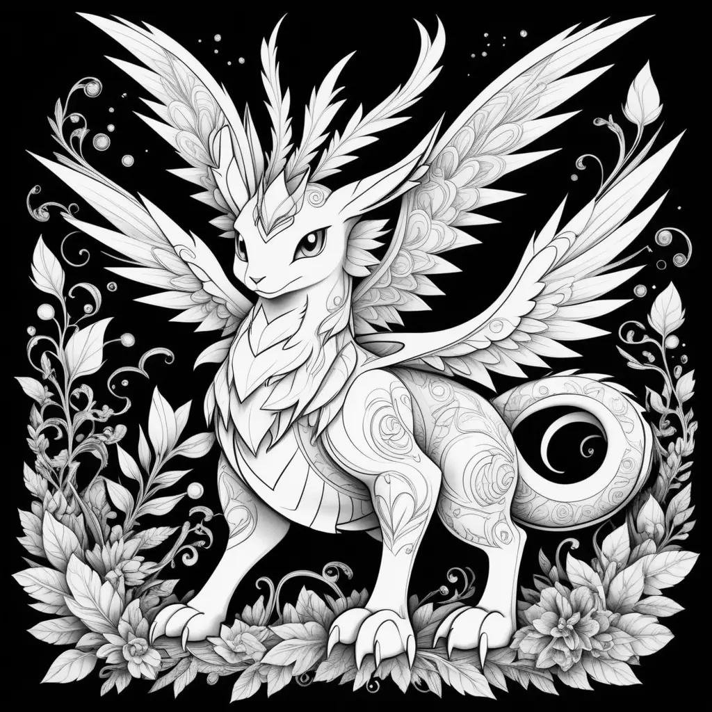 Black and white coloring page of a legendary pokemon