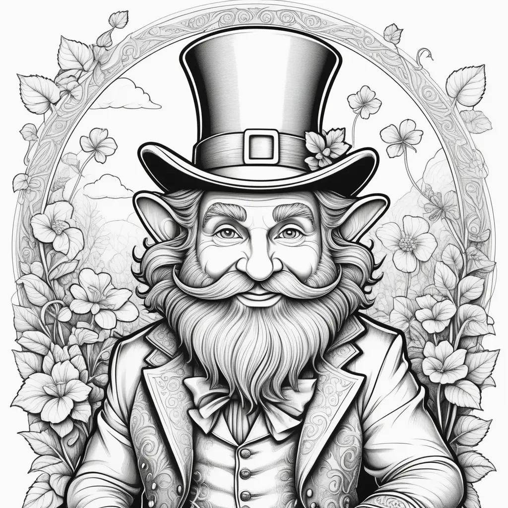 Black and white coloring page of a leprechaun