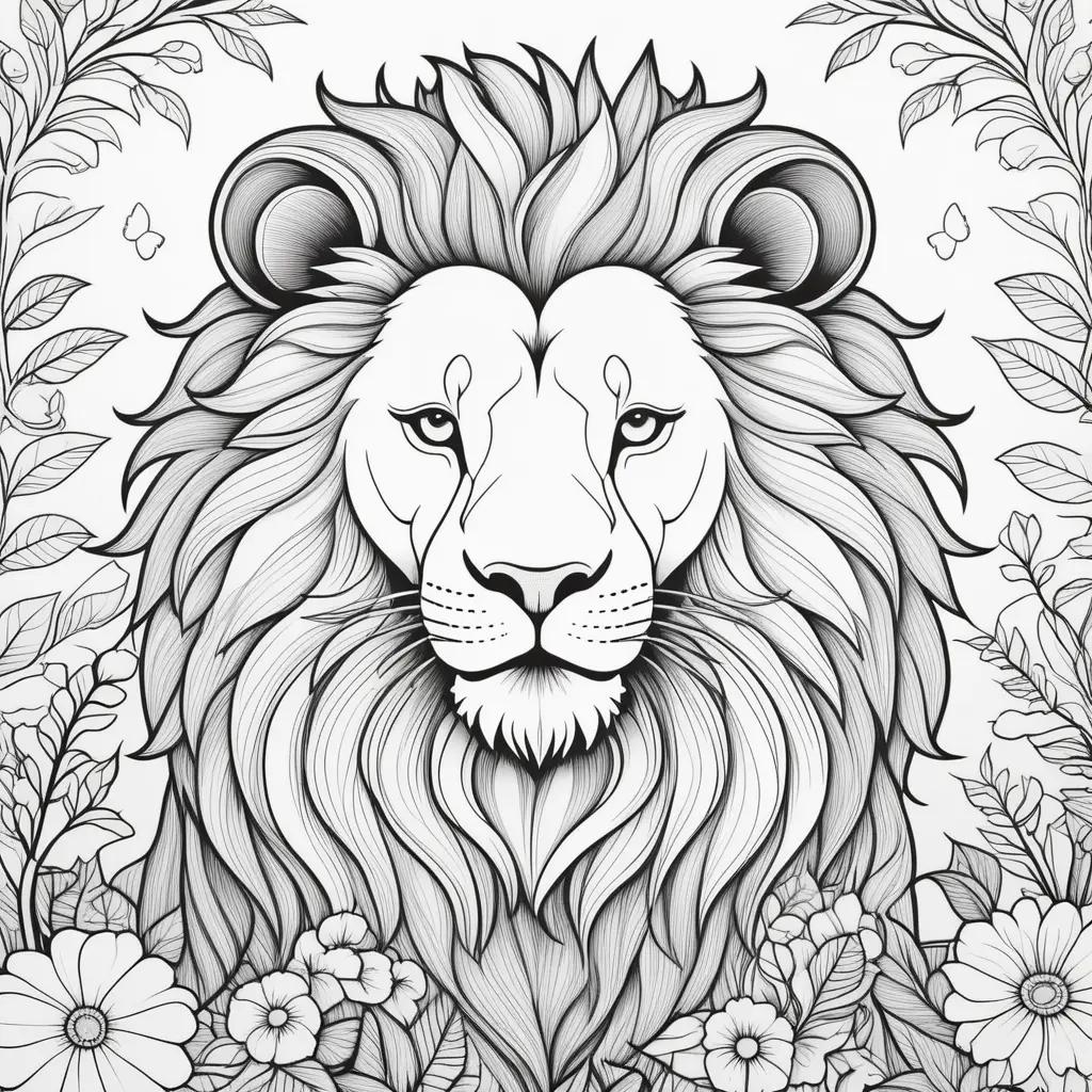 Black and white coloring page of a lion with flowers