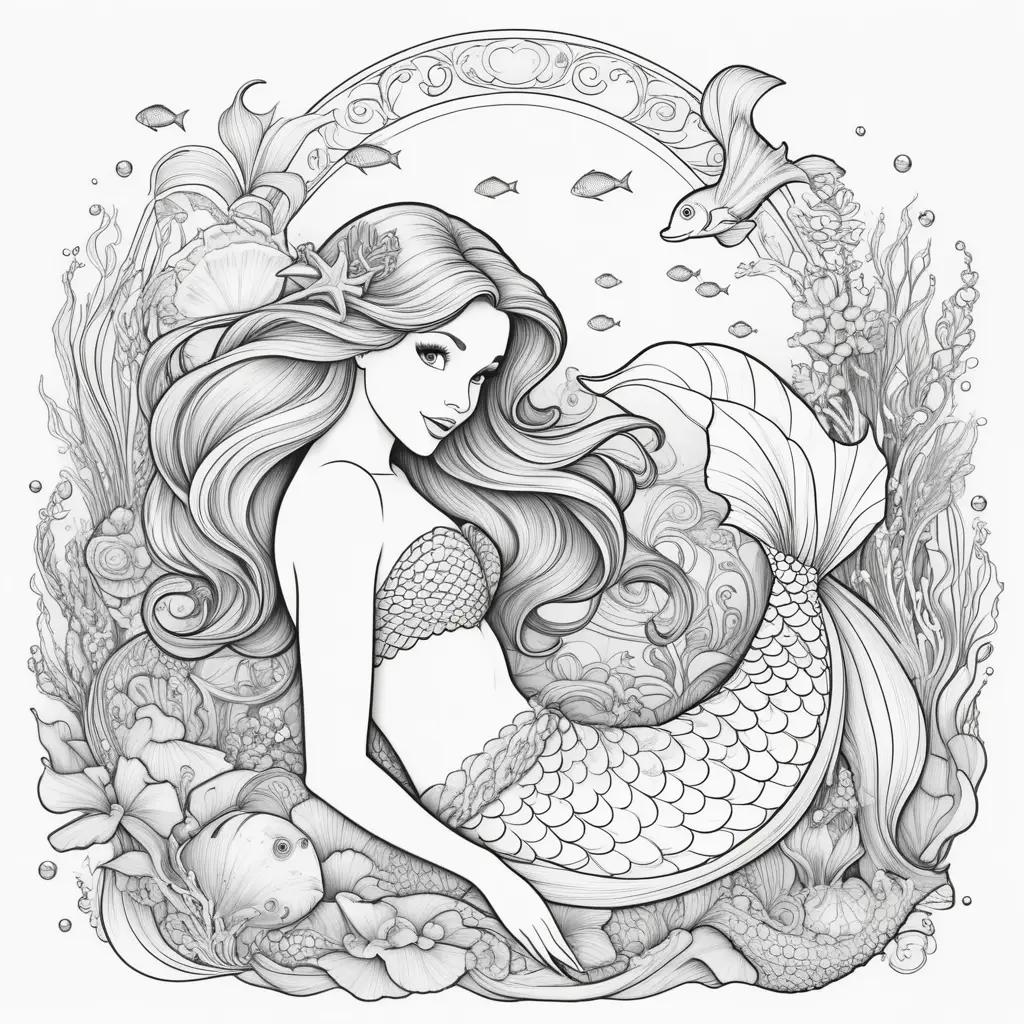 Black and white coloring page of a little mermaid with a starfish and sea plants