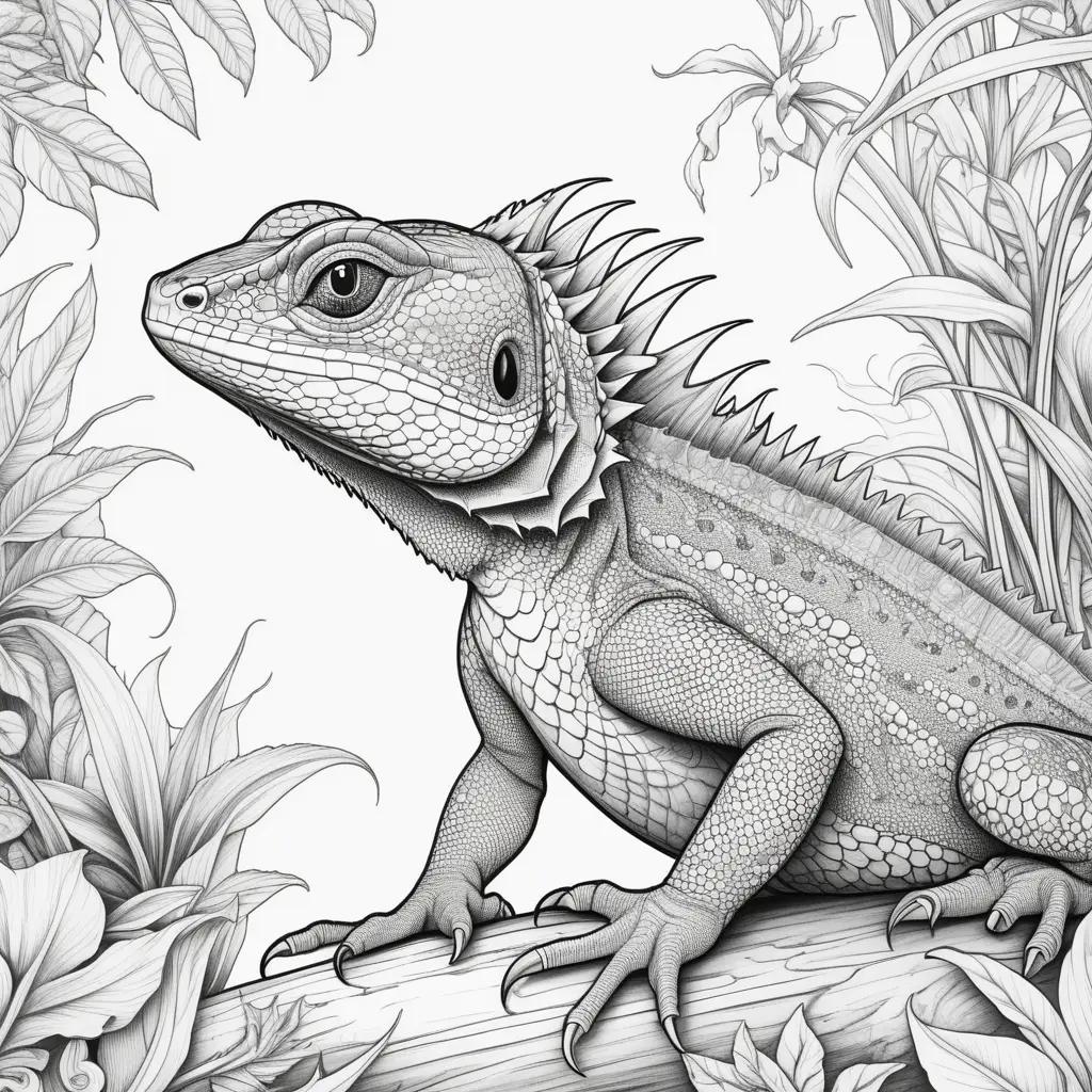 Black and white coloring page of a lizard on a branch