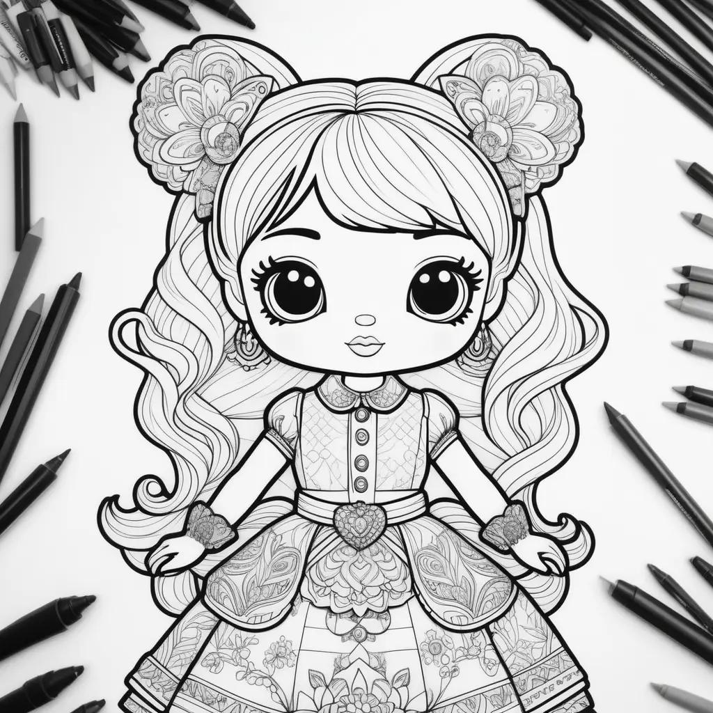 Black and white coloring page of a lol doll