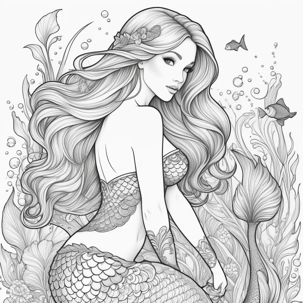 Black and white coloring page of a mermaid with bubbles