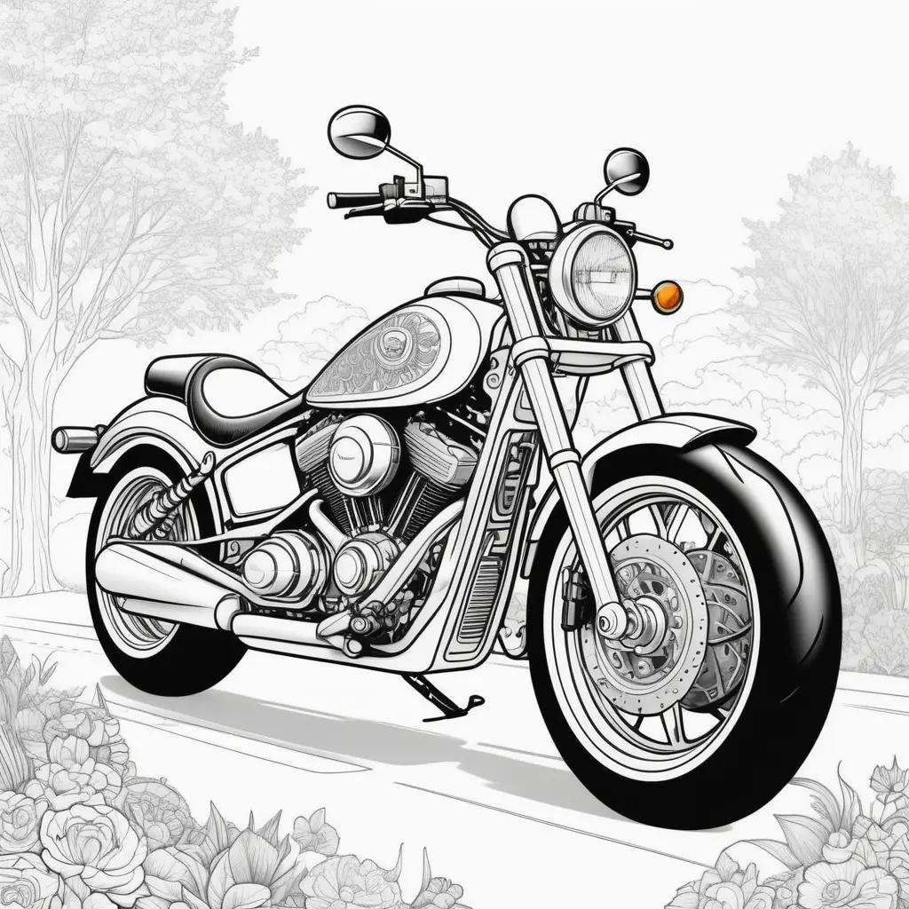 Black and white coloring page of a motorcycle