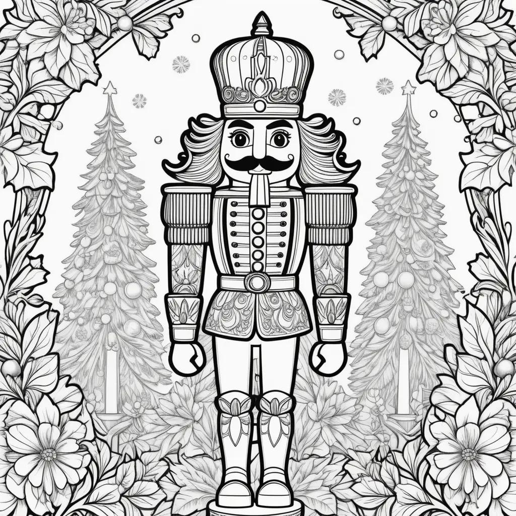 Black and white coloring page of a nutcracker in a festive setting