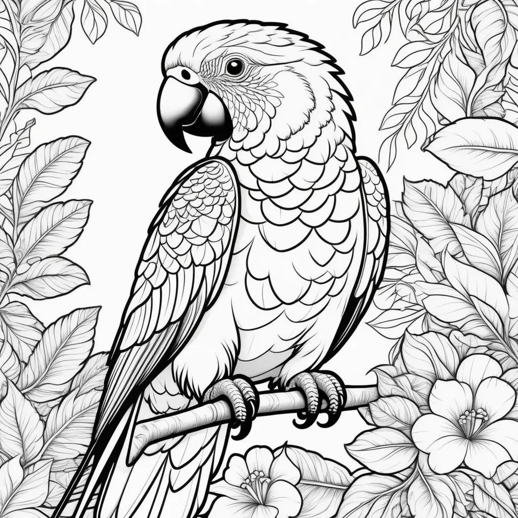 Black and white coloring page of a parrot on a branch