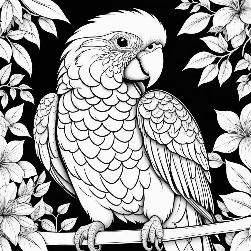 Black and white coloring page of a parrot on a branch