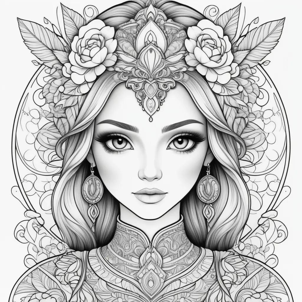 Black and white coloring page of a pretty woman