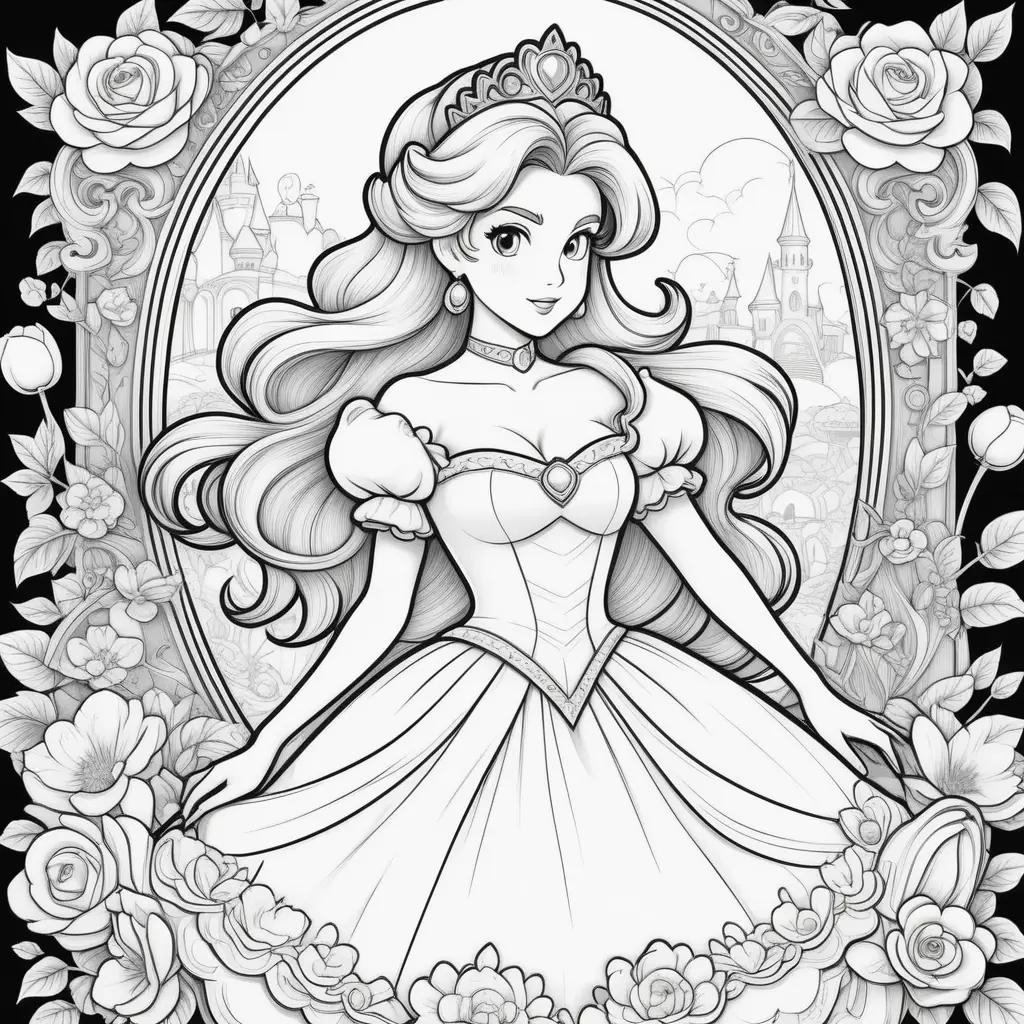 Black and white coloring page of a princess in a dress with a crown and a castle in the background