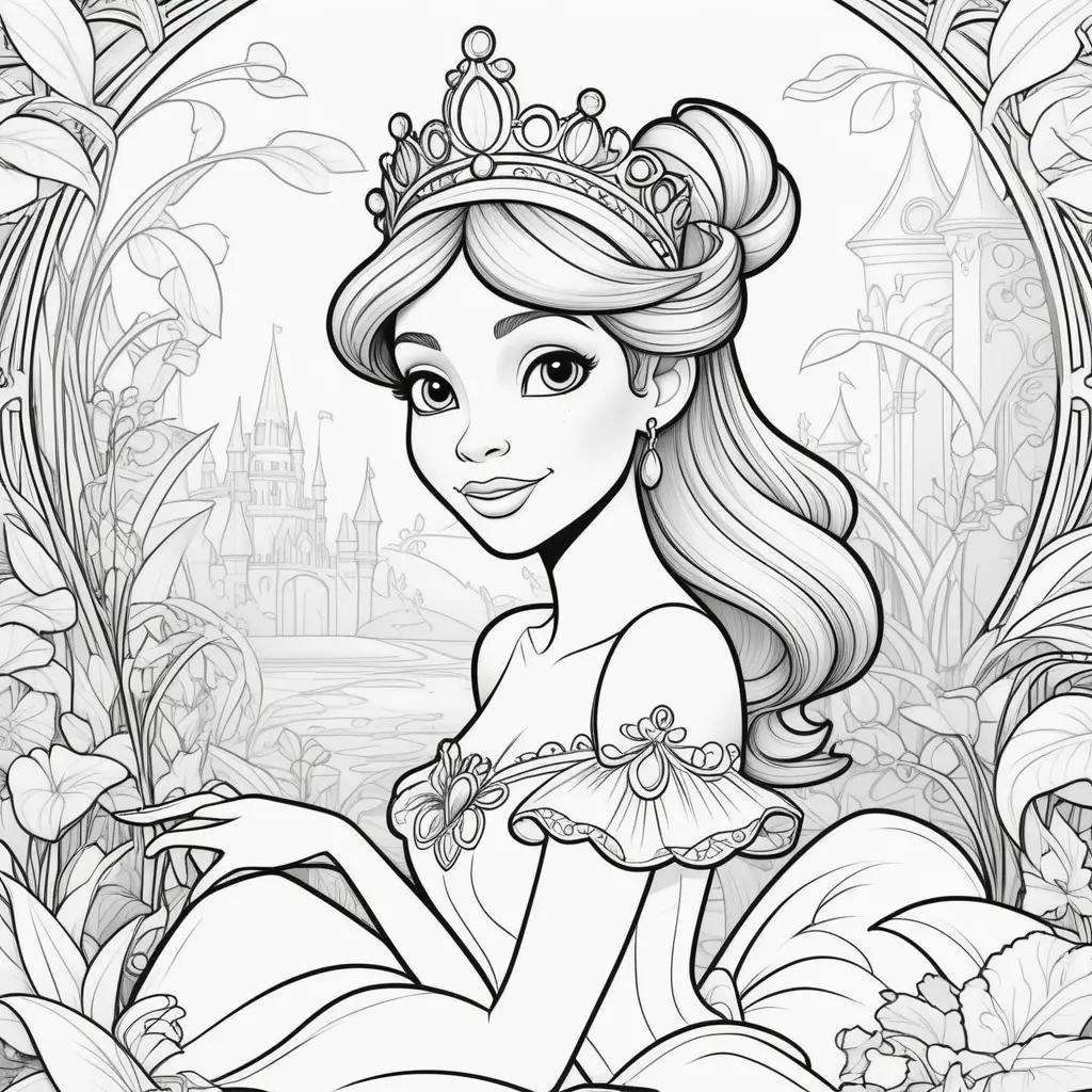 Black and white coloring page of a princess in a tiara